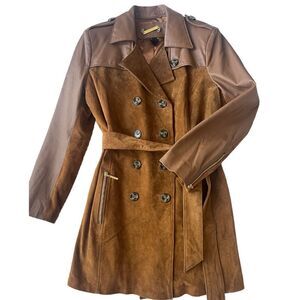 IMAN 70’s Boho Luxe Leather Suede Brown Retro Vintage Inspired Trench Coat L